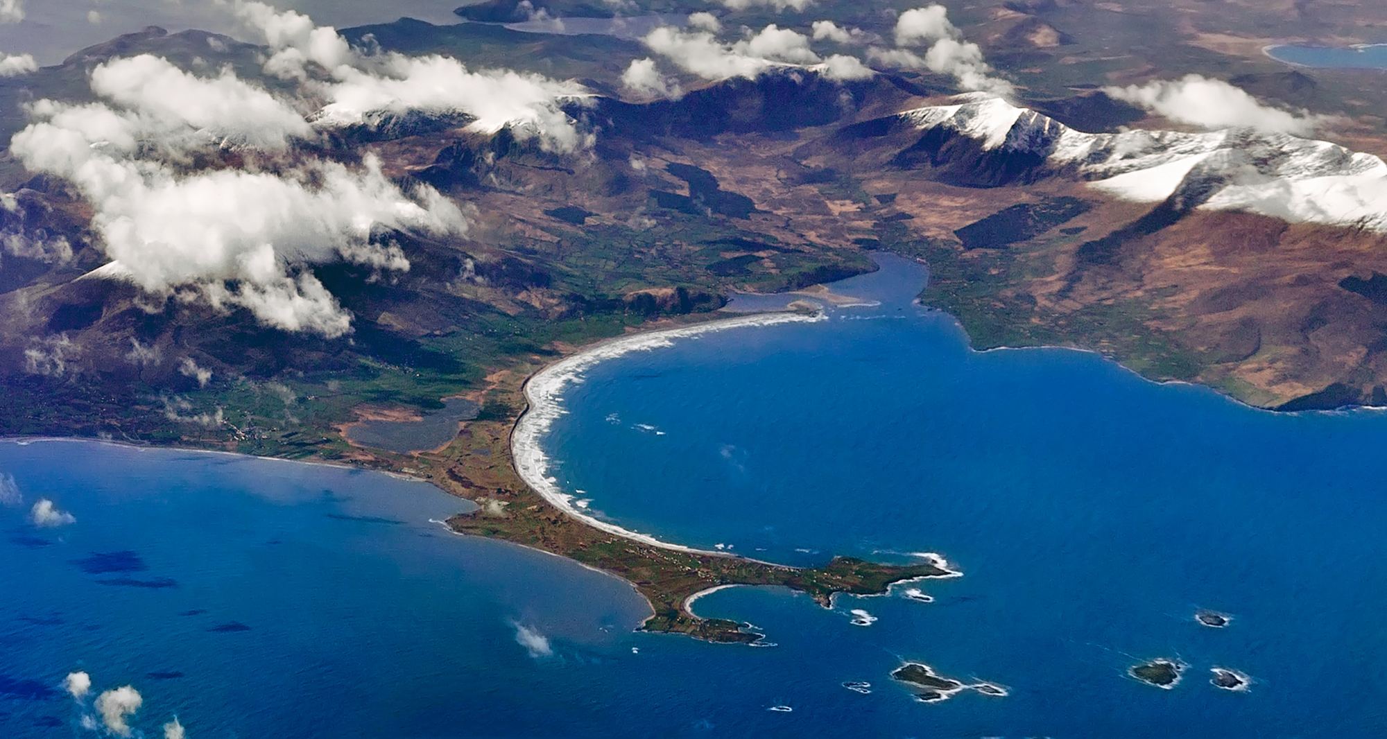 The Dingle Peninsula from the air, with Castlegregory, the Maharees and Brandon Bay